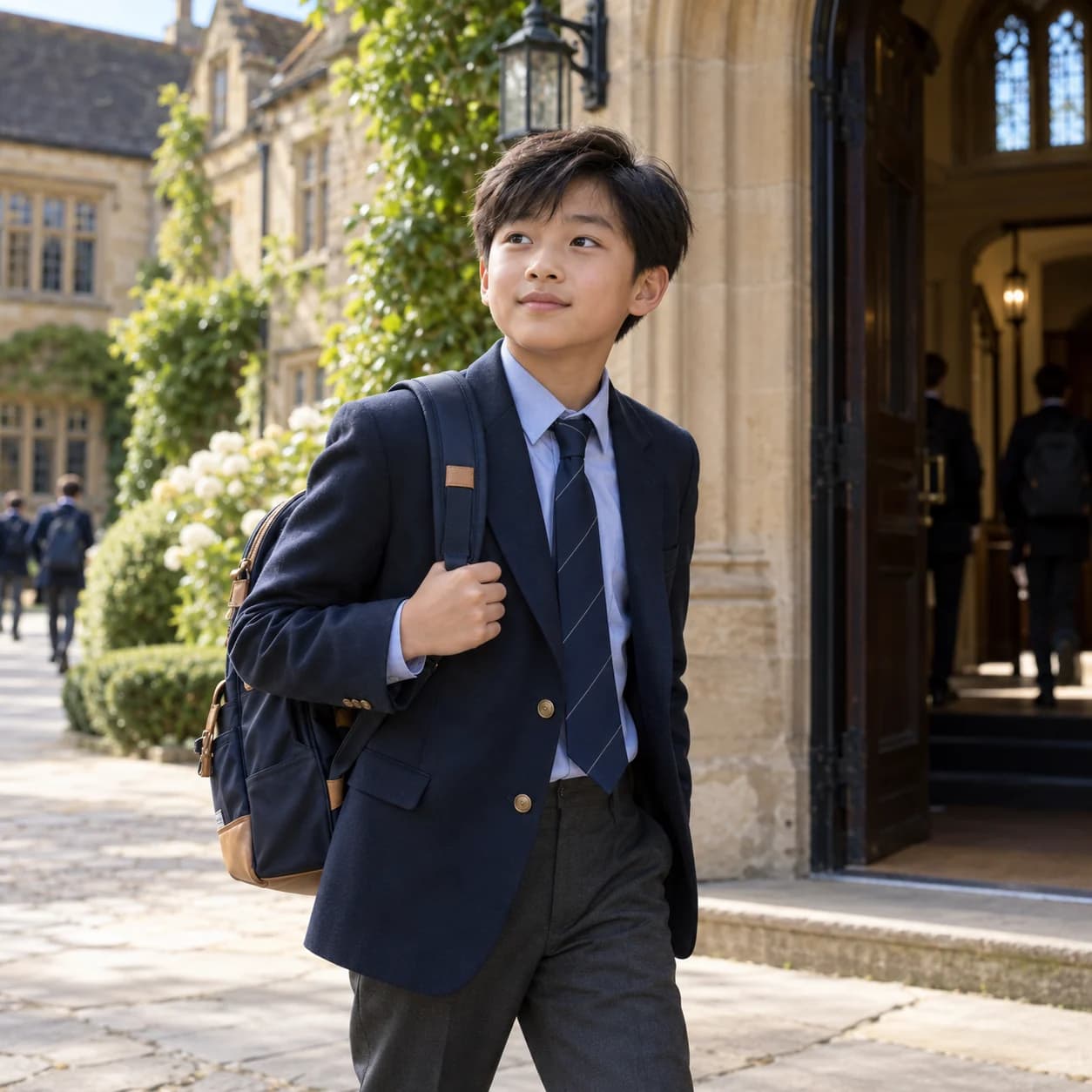 少年背着书包走进英国寄宿学校