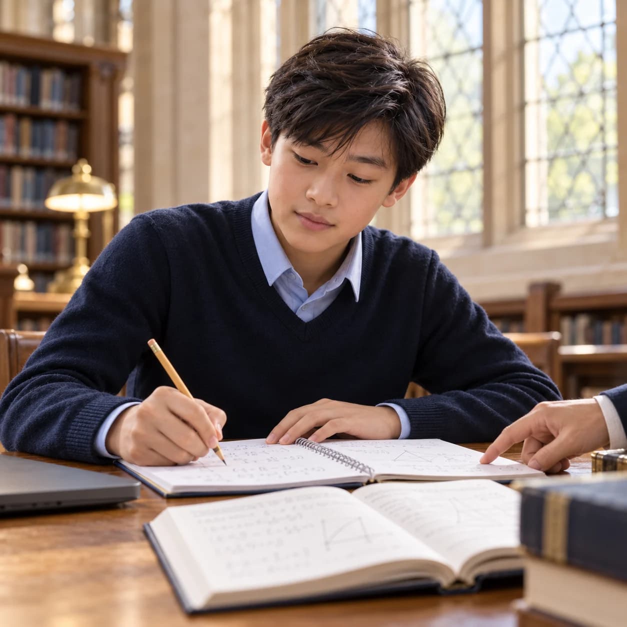 同一位学生在导师指导下专注完成数学练习